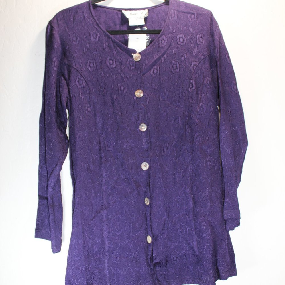 Marisol Vintage Vibrant Purple Rayon Button Down Medium Long Tunic Blouse NWT